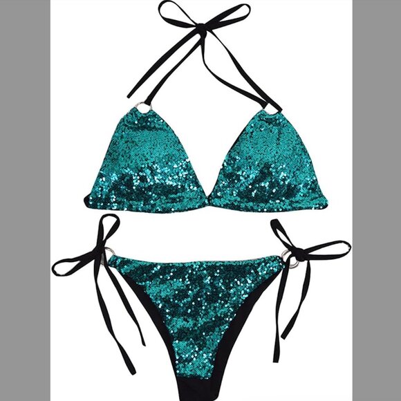 Green Blue Aqua marine Sequin String Bikini 2 Piece - Picture 1 of 4